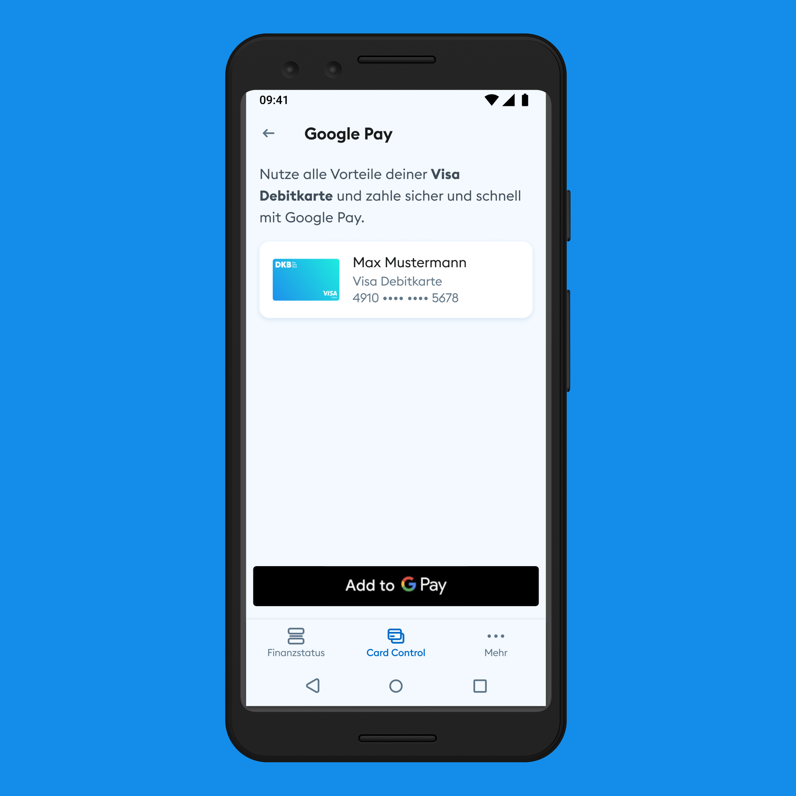 Smartphone zeigt die Card Control Einstellung in der DKB App, dass die Visa Debitkarte nun für Google Pay aktiviert ist und zur Google Pay App hinzugefügt werden kann.