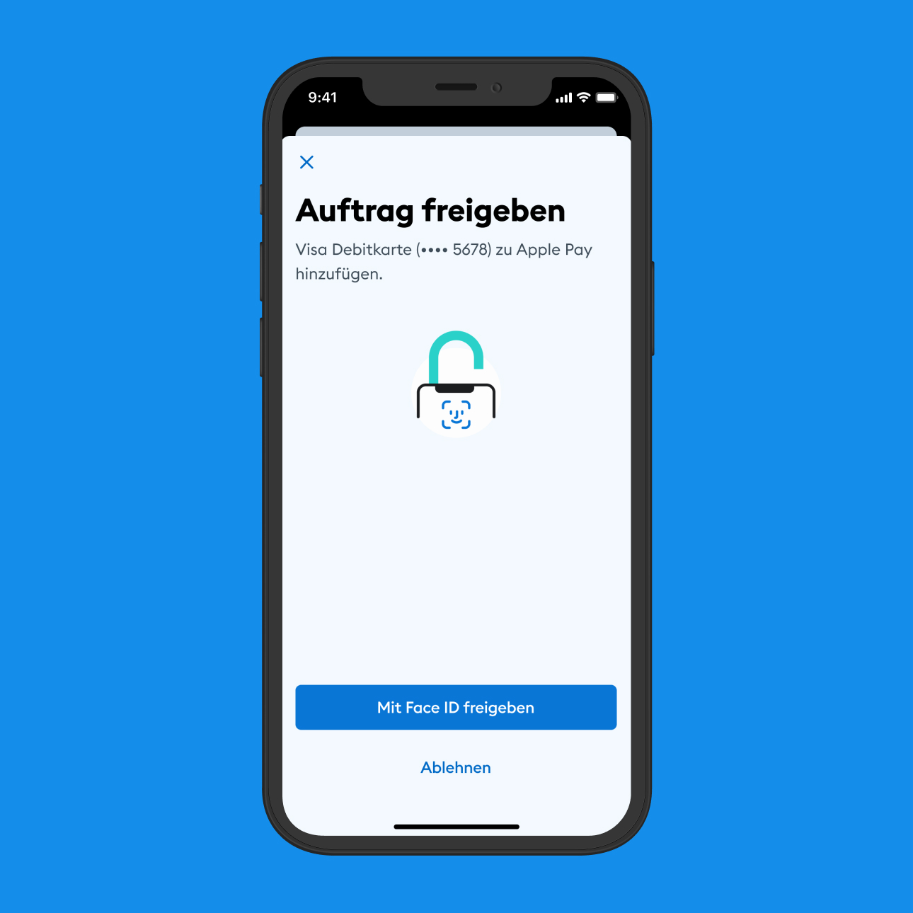Smartphone zeigt Meldung in der DKB App, dass der Auftrag, die Visa Debitkarte zu Apple Pay hinzuzufügen, nun per Face ID freigegeben werden kann.