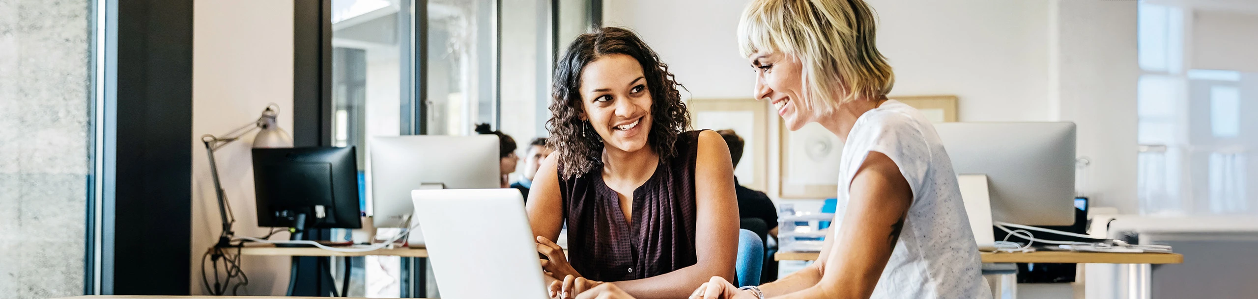 Zwei Frauen arbeiten gemeinsam am Laptop im modernen Büro