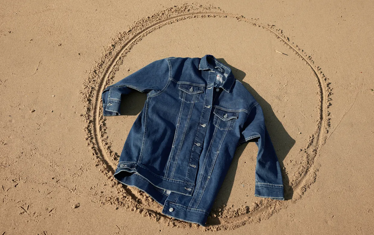 Eine Jeansjacke liegt auf sandigem Strand, umgeben von einem kreisförmigen Muster im Sand.