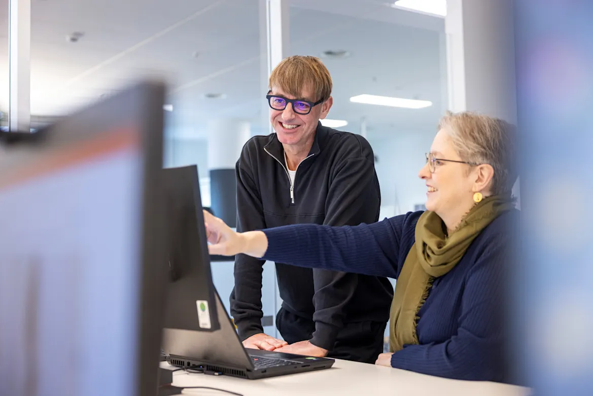 Office situation with two staff members at one computer screen