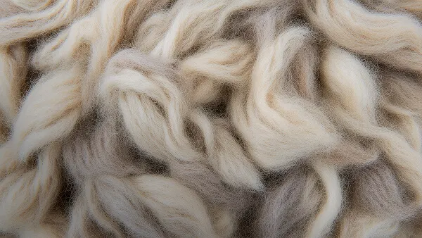 Nahaufnahme von weichen, ungesponnenen Wollfasern in natürlichen Creme-, Beige- und Brauntönen.
