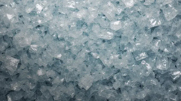 Nahaufnahme von transparenten, hellblauen Kunststoffgranulaten aus recycelten synthetischen Fasern wie Polyamid
