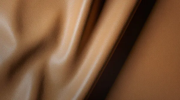 Nahaufnahme von weichem, fein genarbtem Echtleder in warmem Hellbraun, das elegant in Falten fällt – als Beispiel für Leder aus umweltbewussten Gerbereien, die die Leather Working Group unterstützen
