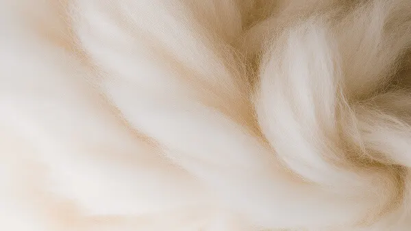 Nahaufnahme von extrem weichen, flauschigen Baumwollfasern in Cremeweiß und hellem Beige – der aufbereitete Rohstoff für umweltschonende recycelte Baumwolle.