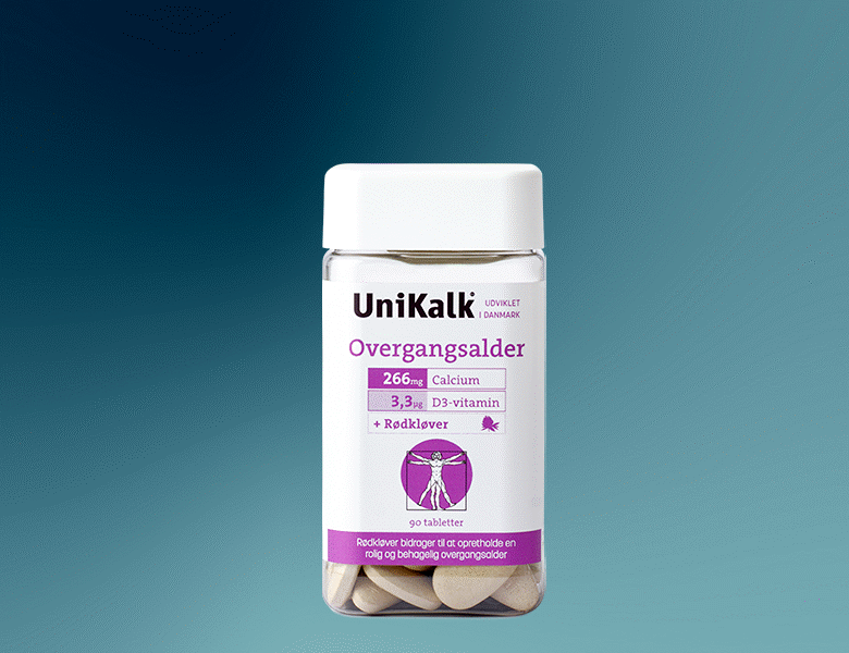 Her ses et UniKalk produkt med lilla detaljer. Baggrunden er blå.