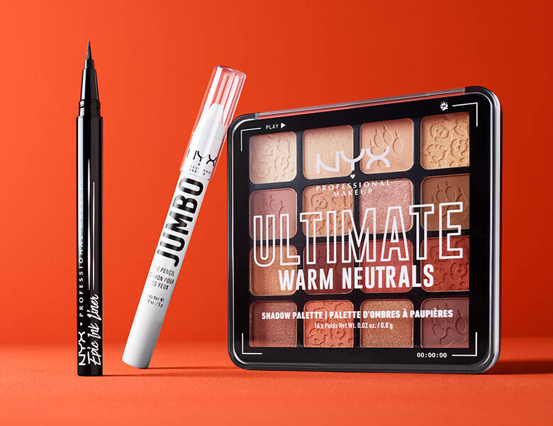 Her ses en rød baggrund med tre forskellige produkter fra NYX til øjnene. 