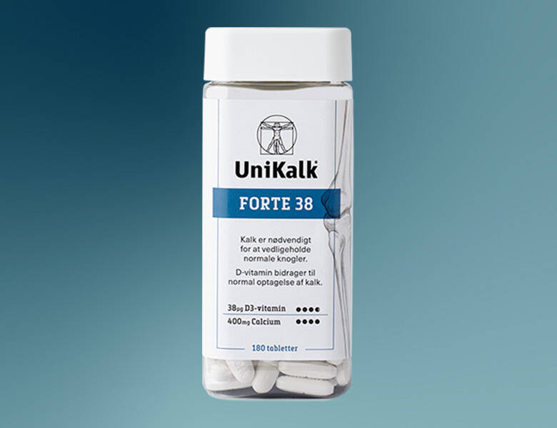 Her ses et UniKalk produkt på en blå baggrund. 