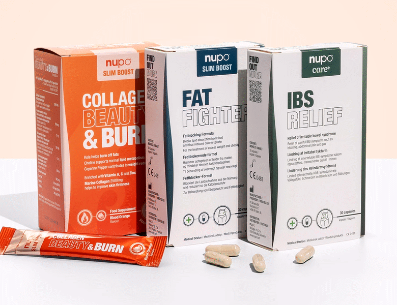 Her ses tre forskellige kosttilskud fra Nupo. Baggrunden er hvid og beige.