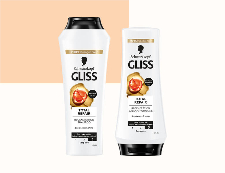 Her ses en hvid og laksefarvet baggrund med en balsam og en shampoo. 