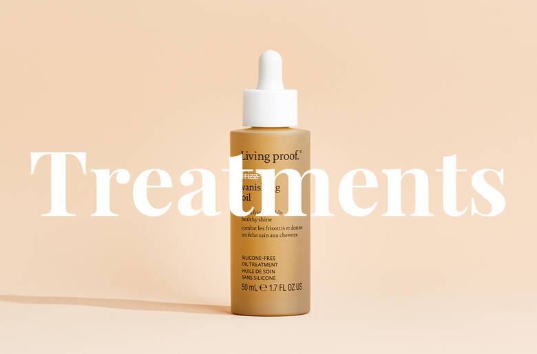 Her ses en meget lys orange baggrund med et olieprodukt. Foran står "Treatments" i hvidt.