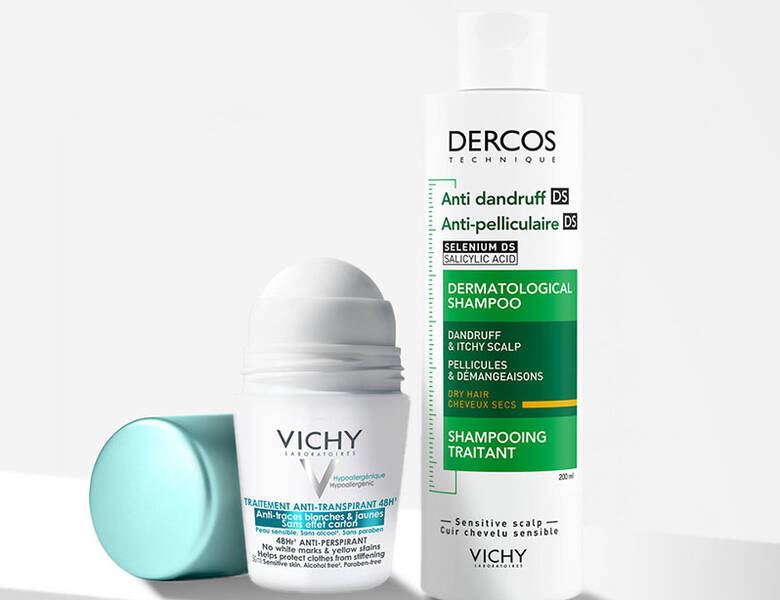 Her ses forskellige Vichy produkter på en hvid baggrund.