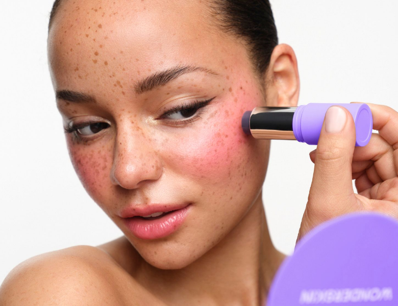 Her ses et nærbillede af en person, der påfører blush med en lilla cream blush-stick fra Wonderskin. Personen har et naturligt makeup-look med fregner og rosafarvet blush på kinderne, mens produktet holdes direkte mod huden for at vise anvendelsen.