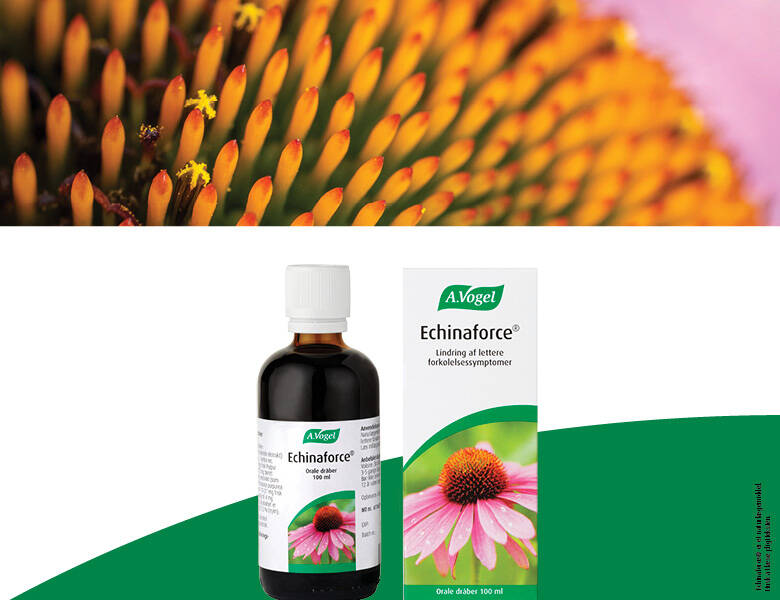 Her ses et A.Vogel produkt med lyserøde blomster på. Ovenover er en orange blomst.