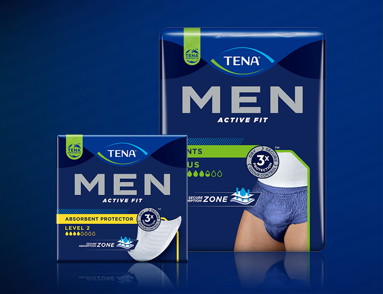 To pakker TENA Men vises på mørk blå baggrund – Absorbent Protector Level 2 og Active Fit Pants Plus.
