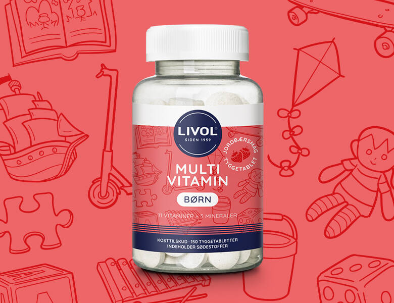 Her ses et Livol produkt på en rød baggrund med nogle skitserede tegninger på. 