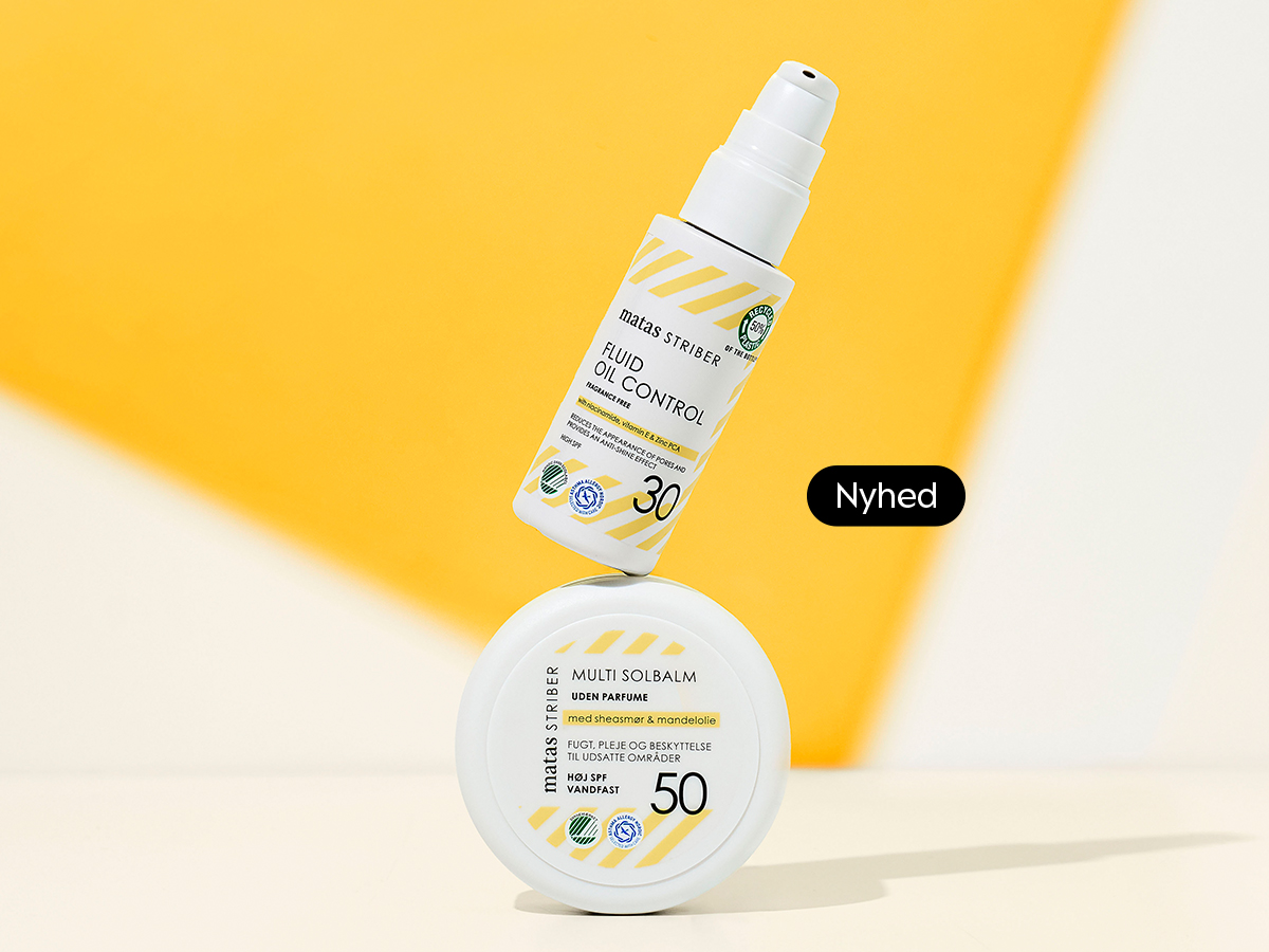 Her ses Matas Striber Fluid Oil Control SPF 30 og Multi Solbalm SPF 50 på en gul og hvid baggrund med "Nyhed"-markering.