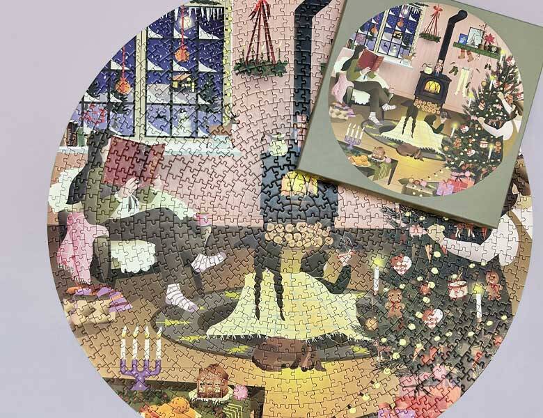 Her ses en lilla baggrund med et rundt puslespil.