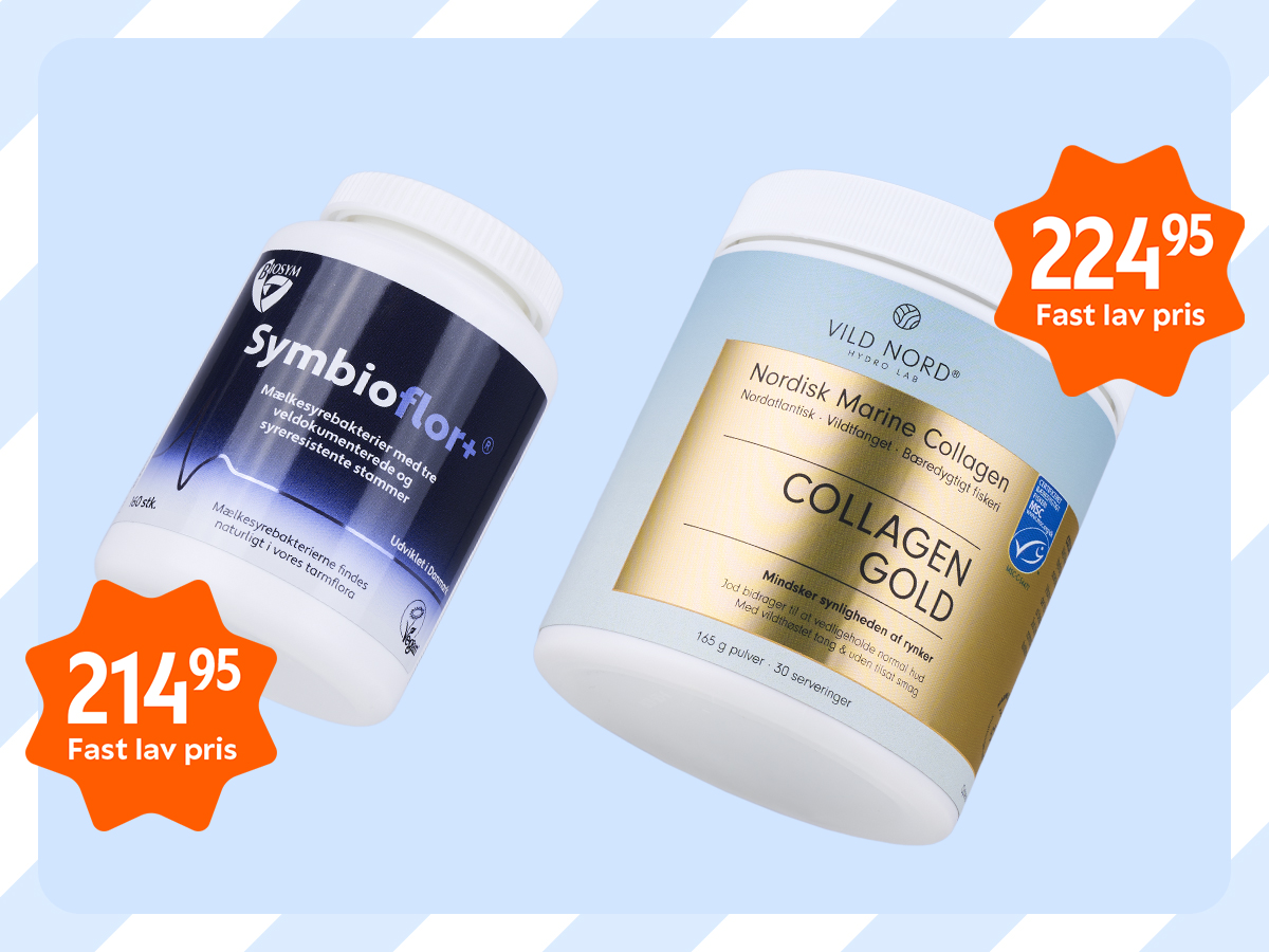 Her ses to kosttilskud mod en lyseblå baggrund: Biosym Symbioflor+ med mælkesyrebakterier og Vild Nord Nordisk Marine Collagen Gold. Produkterne vises sammen med orange prismarkeringer med teksten “Fast lav pris”: Symbioflor+ til 214,95 kr. og Collagen Gold til 224,95 kr.