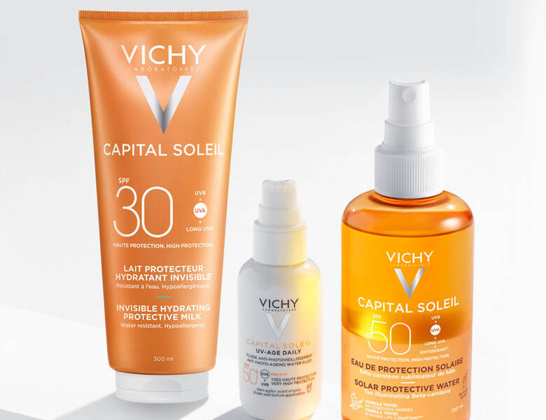 Her ses tre Vichy produkter på en hvid baggrund.