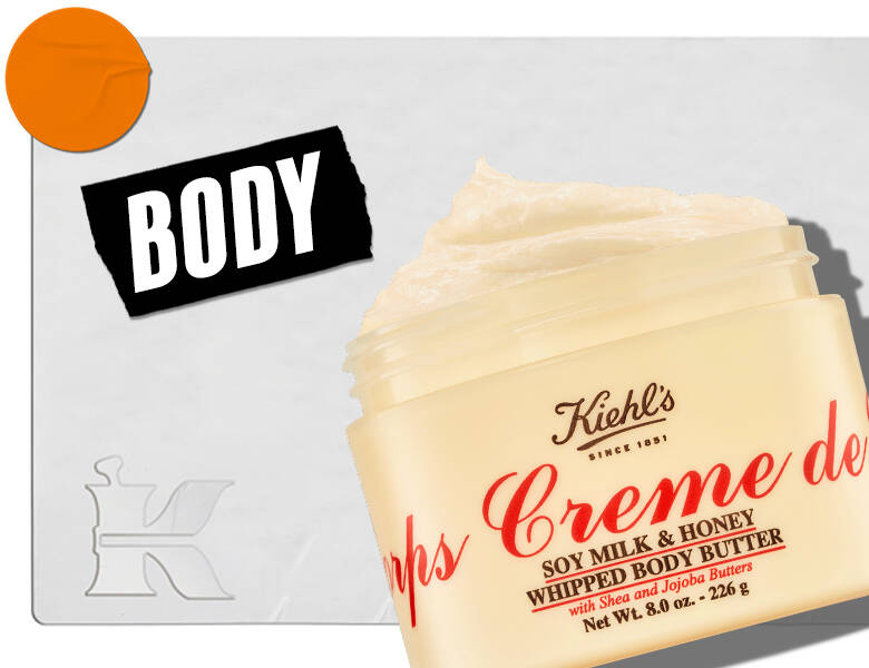 Her ses en lysegrå baggrund med et gult og rødt produkt til højre. Til venstre ses et sort skilt med "body" i hvid.