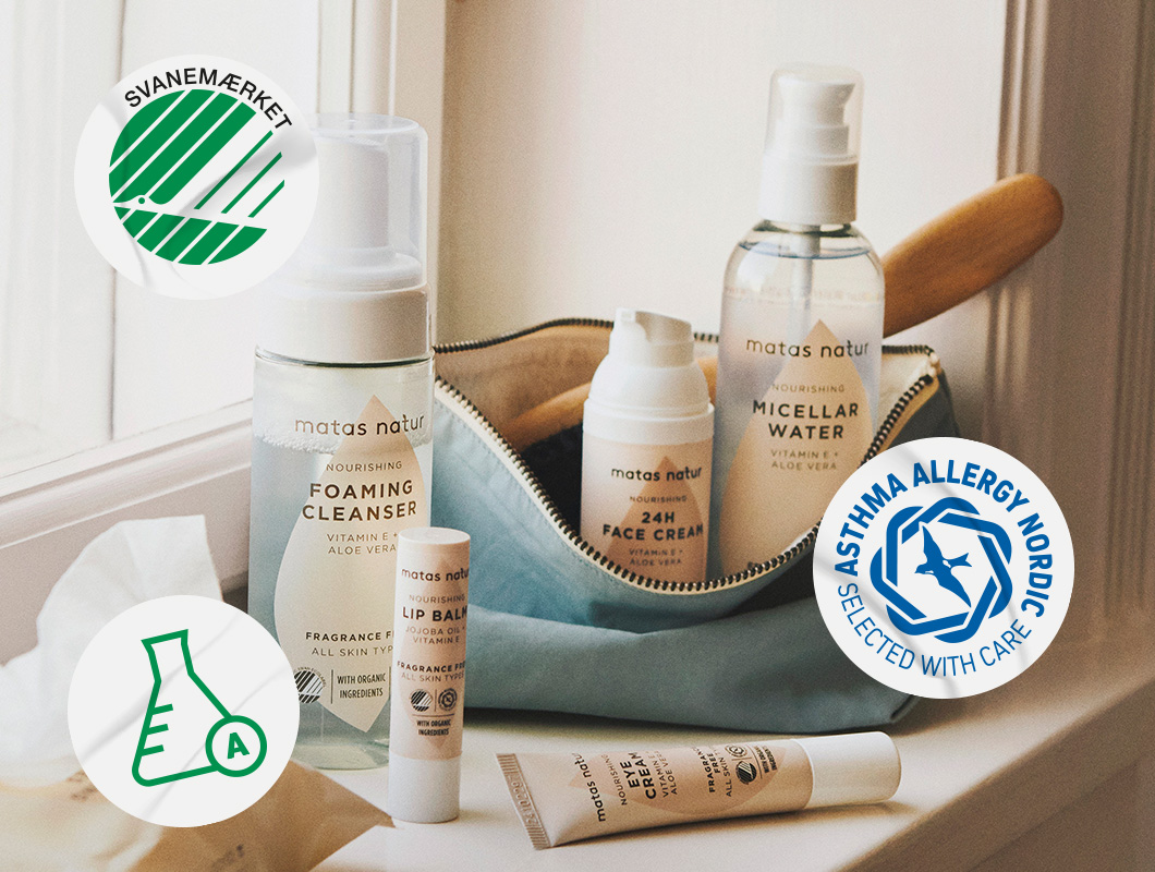 Her ses Matas Natur hudplejeprodukter ved et vindue sammen med mærker for Svanemærket og Asthma Allergy Nordic.