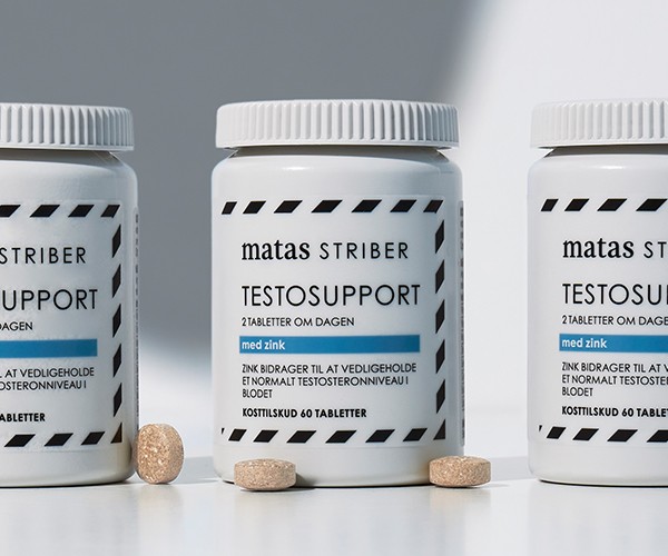 Her ses tre Matas Striber Testosupport med tabletter foran på en lys baggrund.
