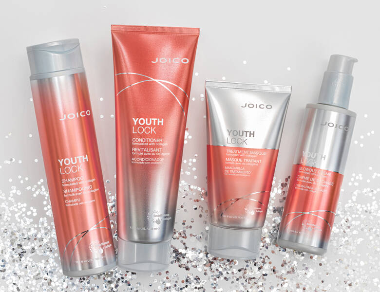 Her ses fire sølv og laksefarvede produkter fra JOICO.