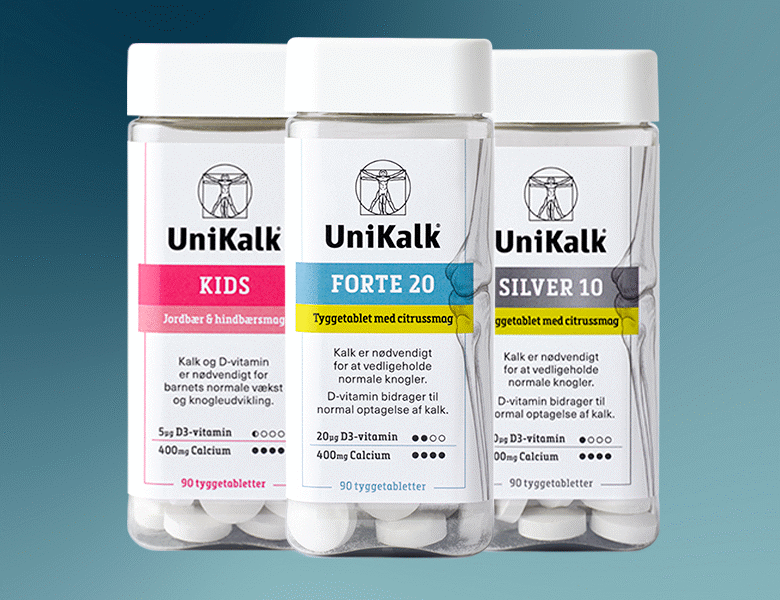 Her ses tre UniKalk produkter på en blå baggrund. 