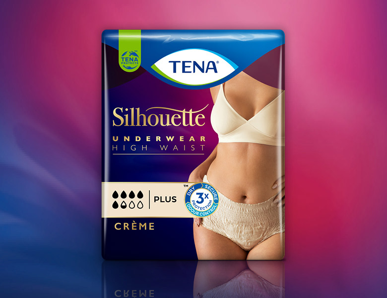 Pakke med TENA Silhouette Underwear High Waist Plus vises på pink og lilla baggrund.