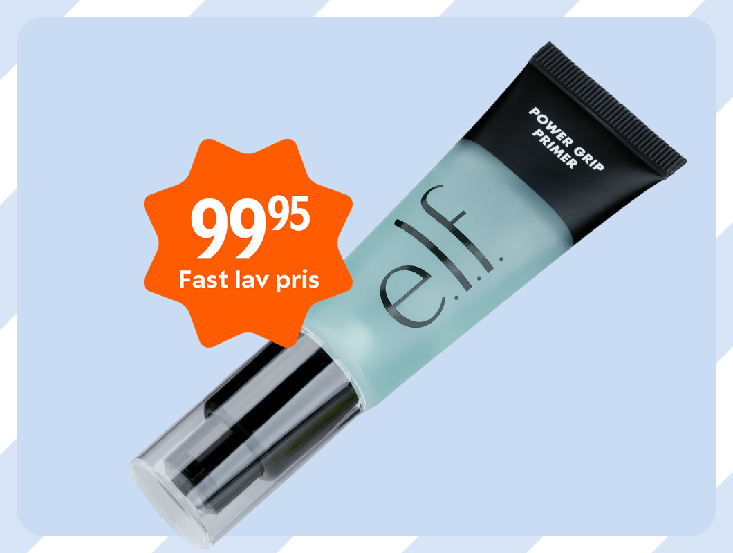 Her ses et billede med e.l.f. power grip primer og teksten "99,95" og "Fast lav Pris".