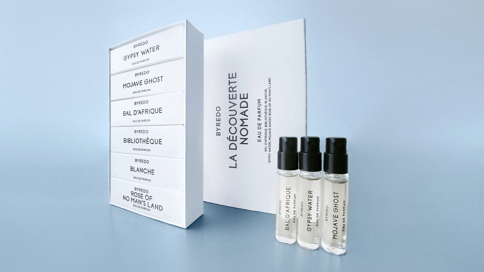 Discovery Set Nomade featuring six 2 ml fragrances: Gypsy Water, Blanche, Bal d’Afrique, Rose of No Man’s Land, Mojave Ghost, and Bibliothèque, displayed on a light blue background