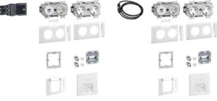 SET 2x workplaces w/3 Sockets+USB-Charger 15W 2xRJ45 Cat.6A front traffic white
