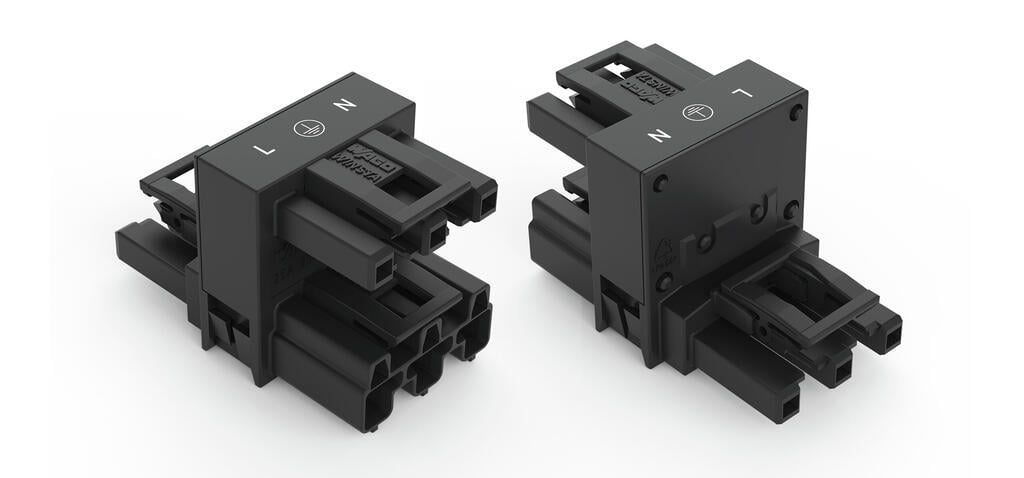 h-distribution connector; 3-pole; Cod. A; 1 input; 2 outputs; outputs on both sides; 3 locking levers; for flying leads; black