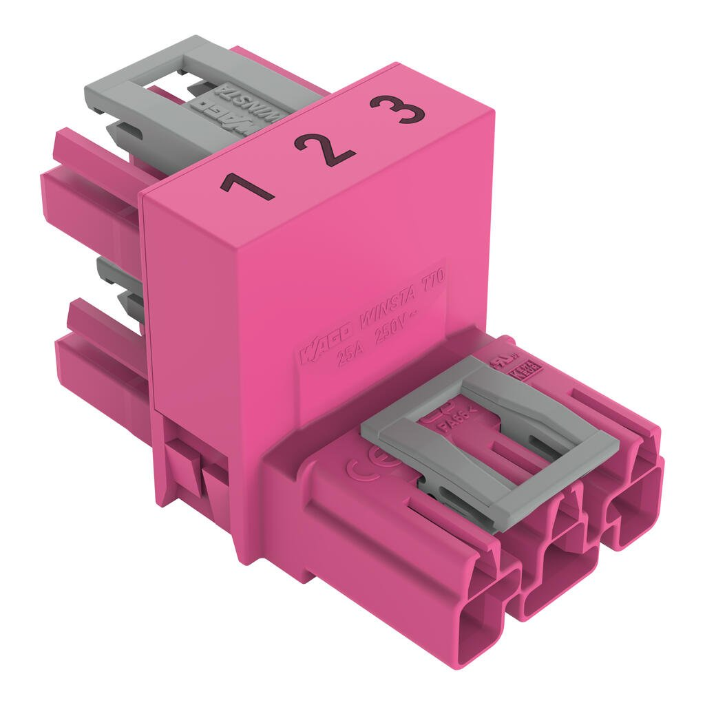 h-distribution connector; 3-pole; Cod. B; 1 input; 2 outputs; outputs on one side; 3 locking levers; for flying leads; pink