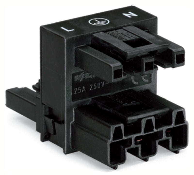 h-distribution connector; 3-pole; Cod. A; 1 input; 2 outputs; 2 locking levers; black