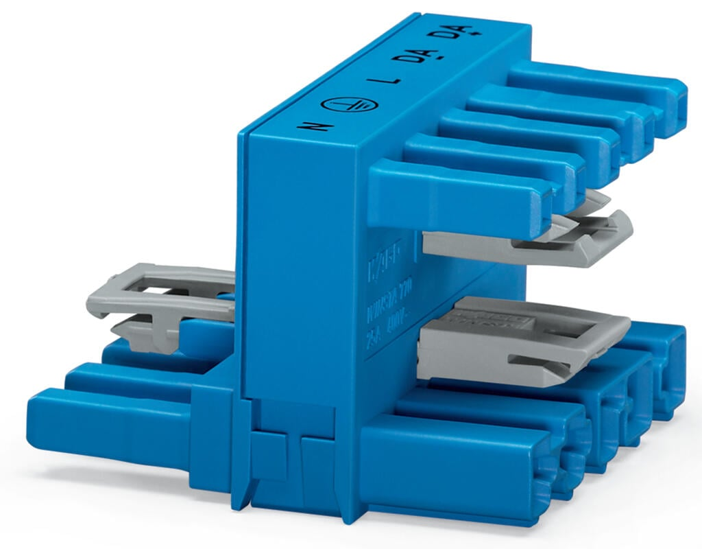 h-distribution connector; 5-pole; Cod. I; 1 input; 2 outputs; outputs on both sides; 3 locking levers; for flying leads; blue