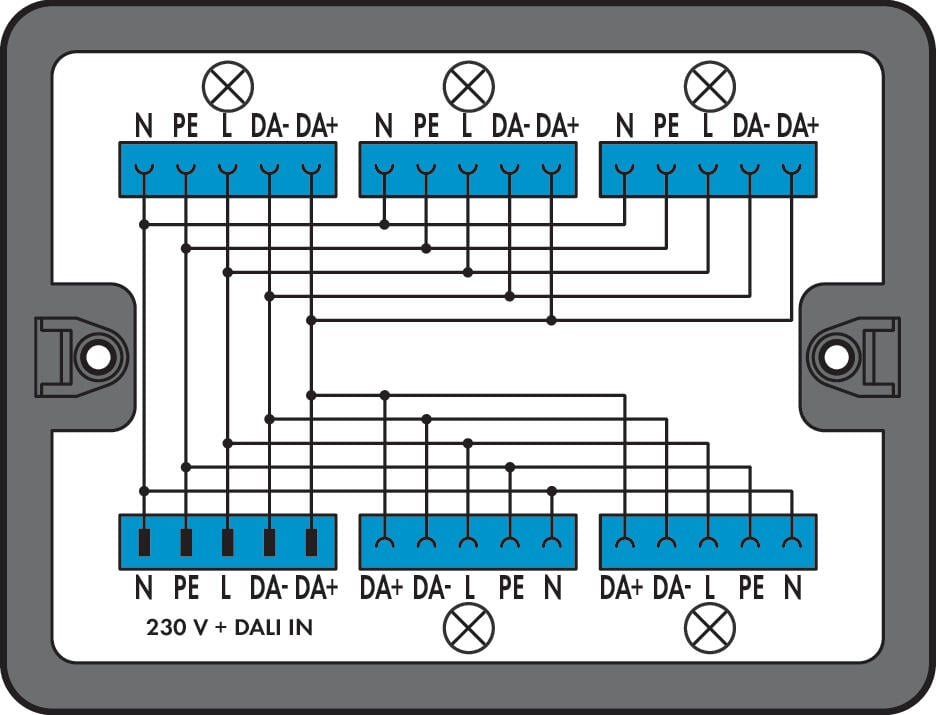 Distribution box; DALI; 1 input; 5 outputs; Cod. I; MIDI; black