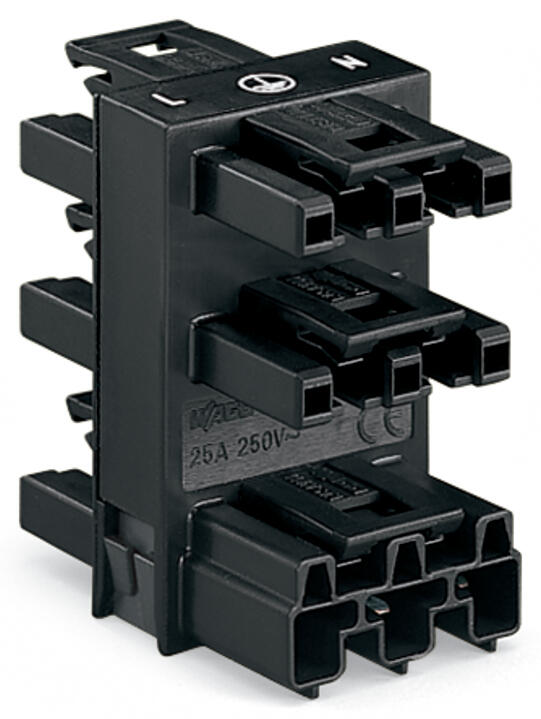5-way distribution connector; 3-pole; Cod. A; 1 input; 5 outputs; outputs on both sides; black