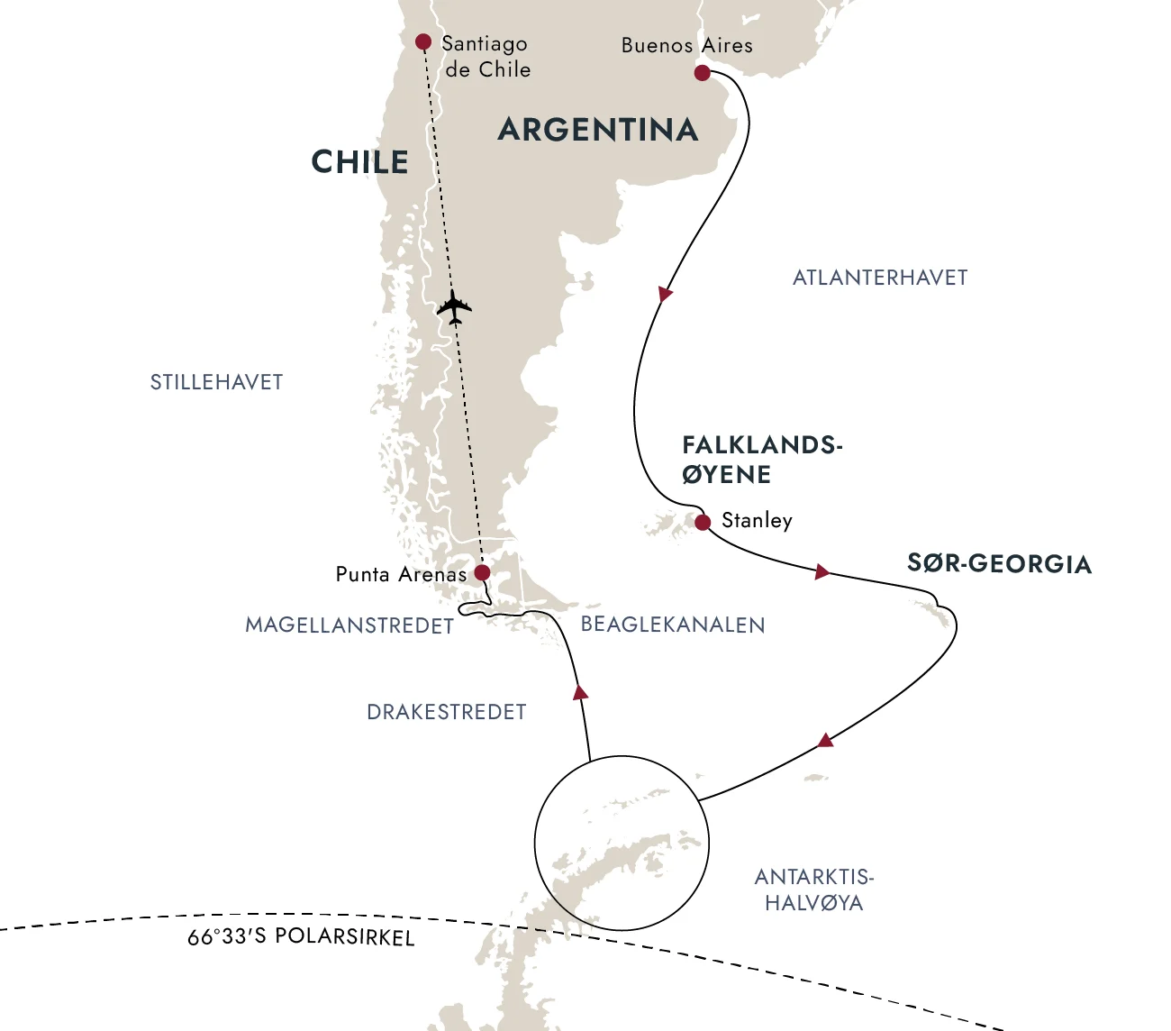 Et kart over destinasjonsruten