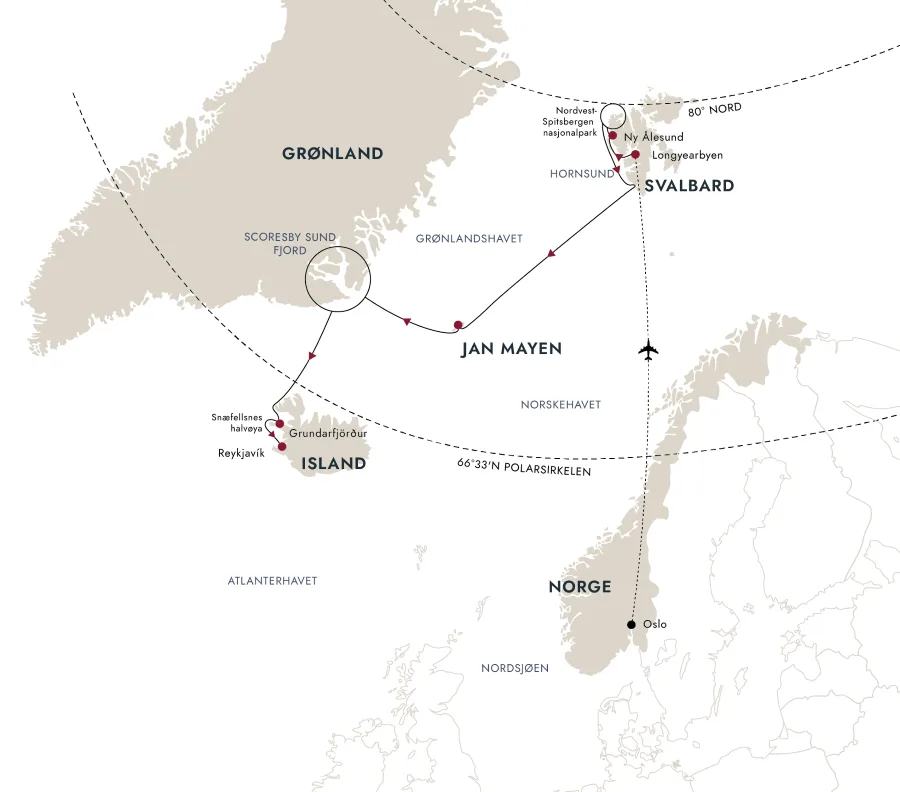 Et kart over destinasjonsruten