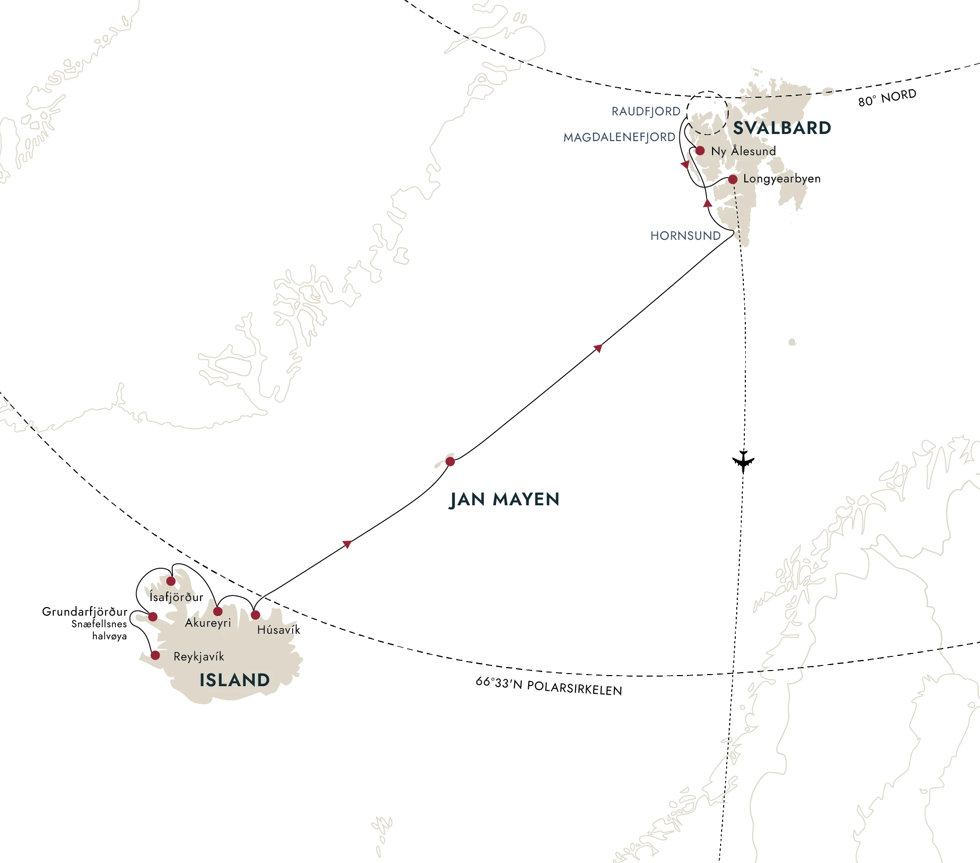 Et kart over destinasjonsruten