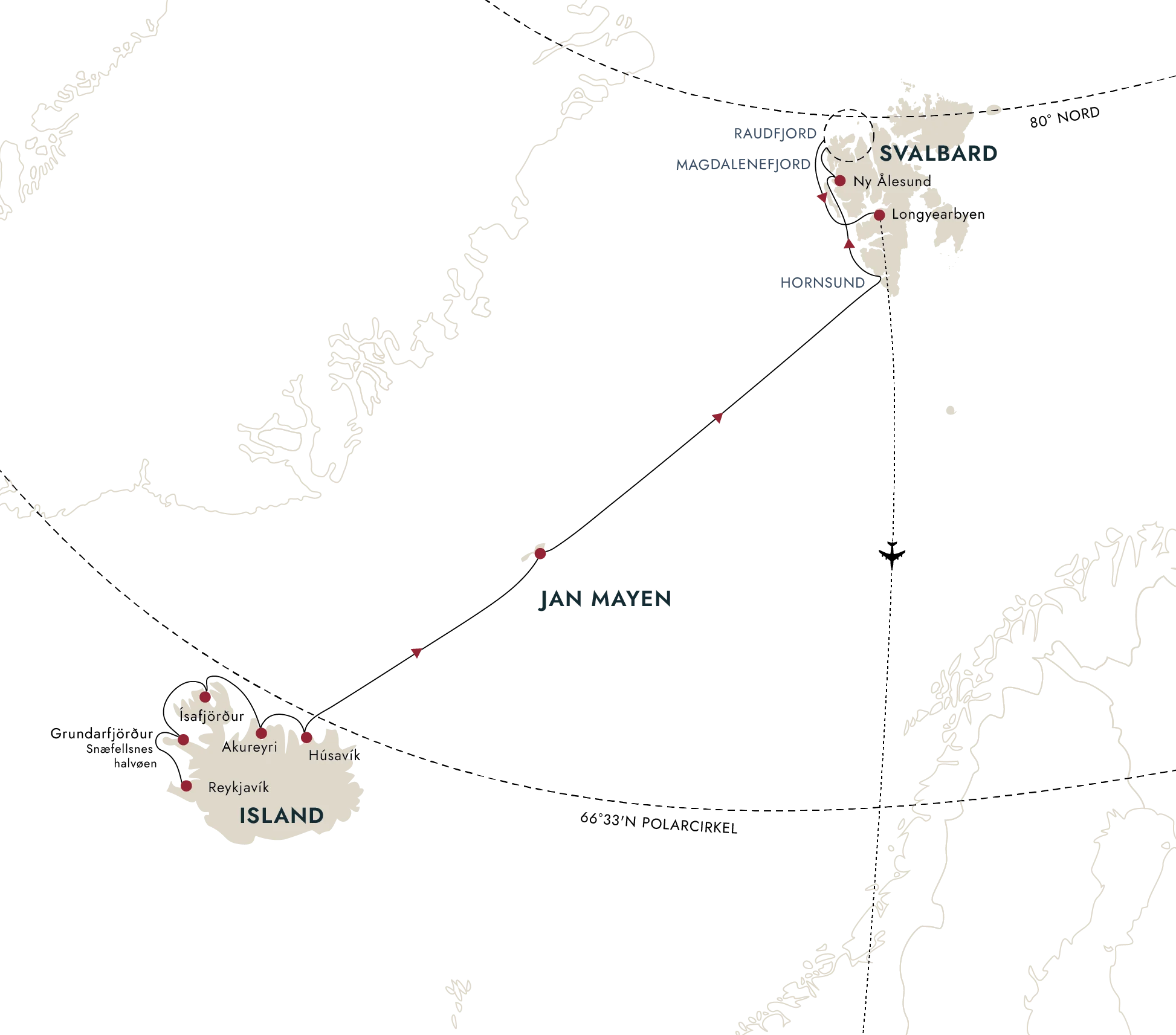 Et kort over destinationsruten