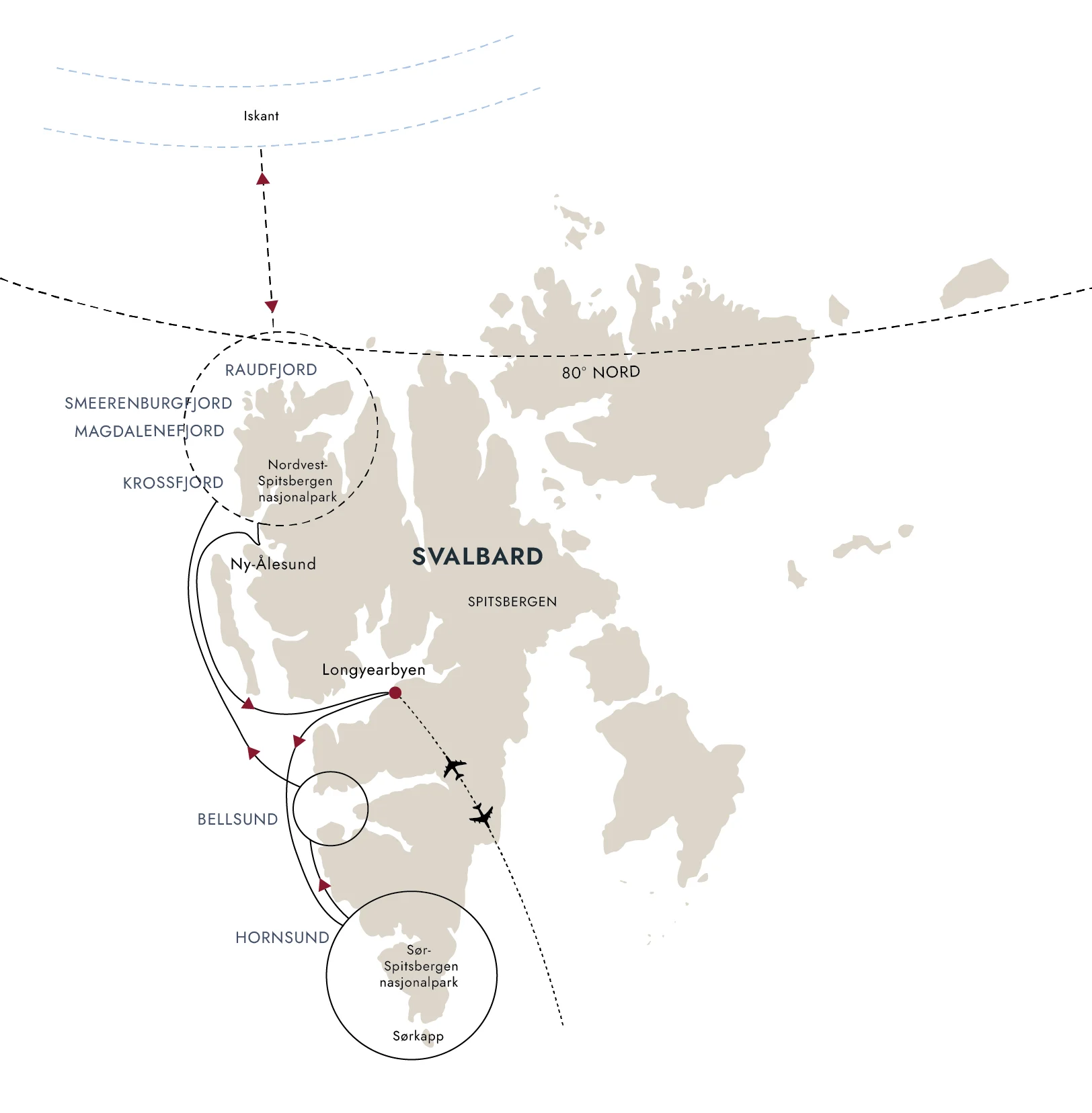 Et kart over destinasjonsruten