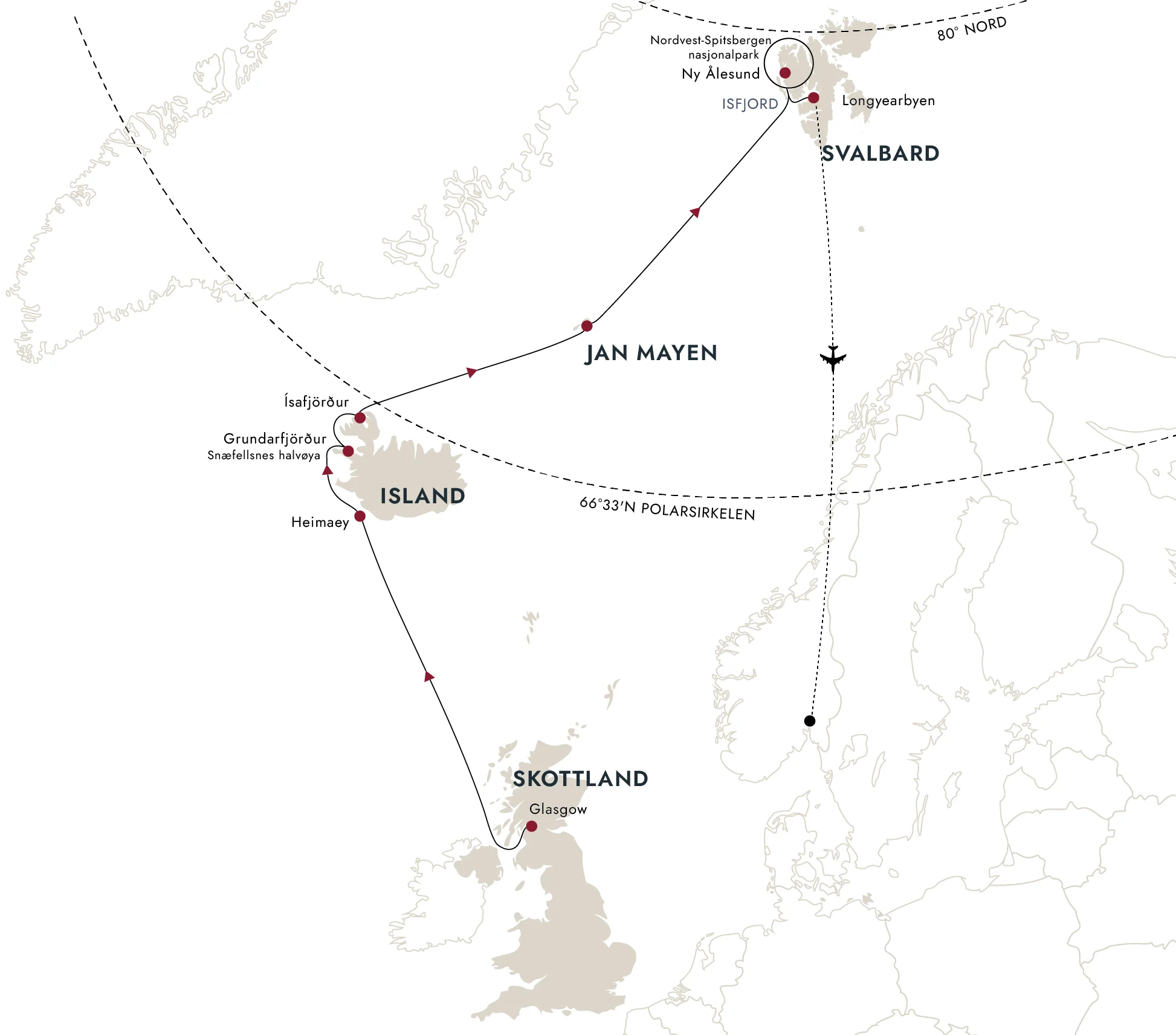 Et kart over destinasjonsruten