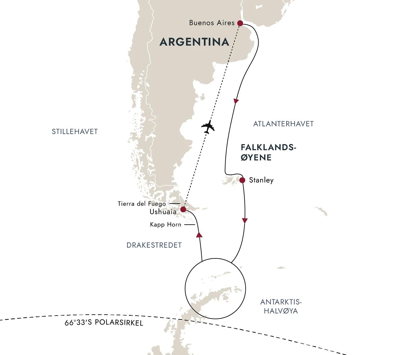 Et kart over destinasjonsruten