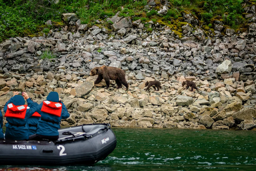 Expedition boat cruising in Katmai National Park, Alaska. Credit:  Oscar Farrera