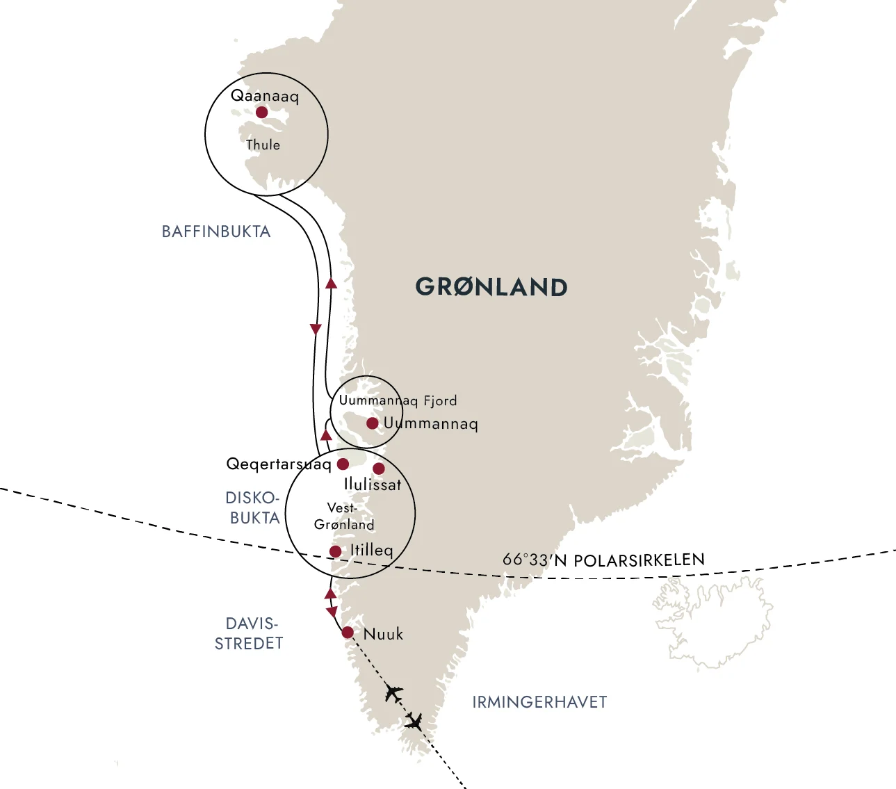 Et kart over destinasjonsruten