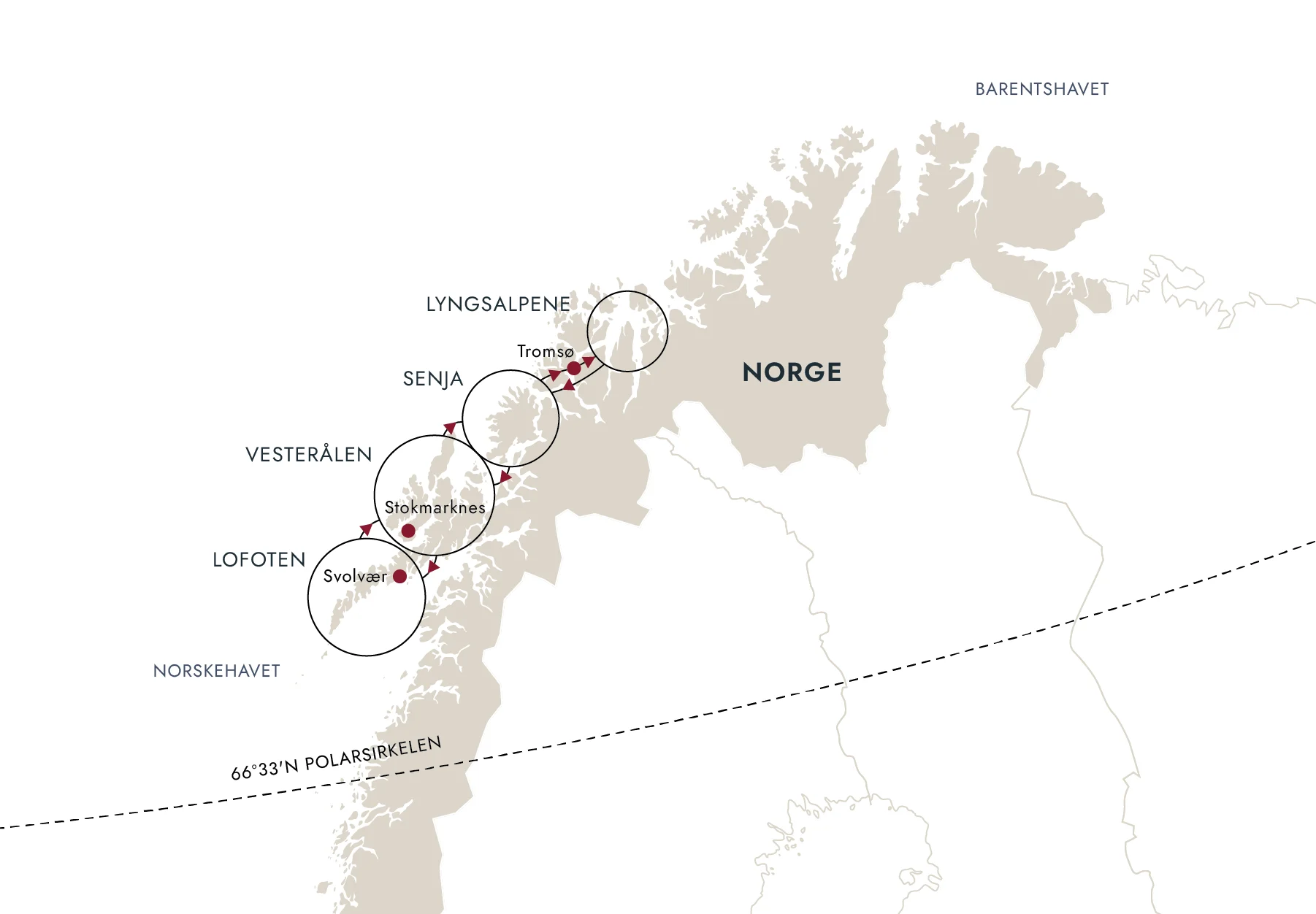 Et kart over destinasjonsruten