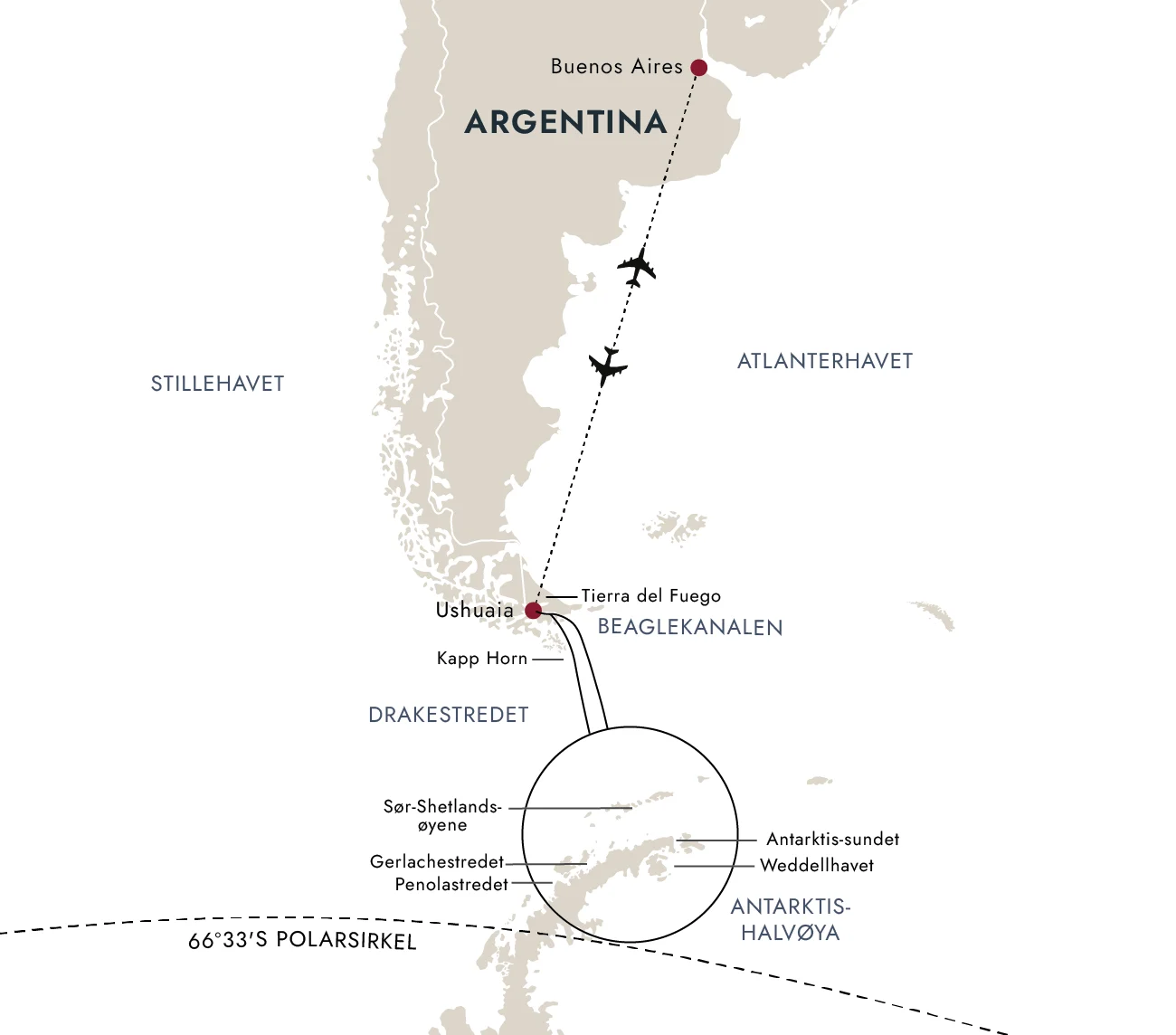 Et kart over destinasjonsruten